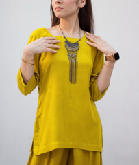 MSP-004-Mahreen | Mustard Solid Linen Dress - 2 Piece