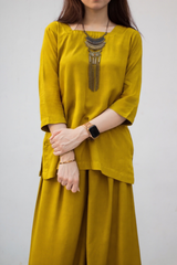 MSP-004-Mahreen | Mustard Solid Linen Dress - 2 Piece