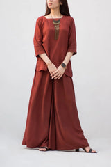 Brown Solid Linen Dress - 2 Piece