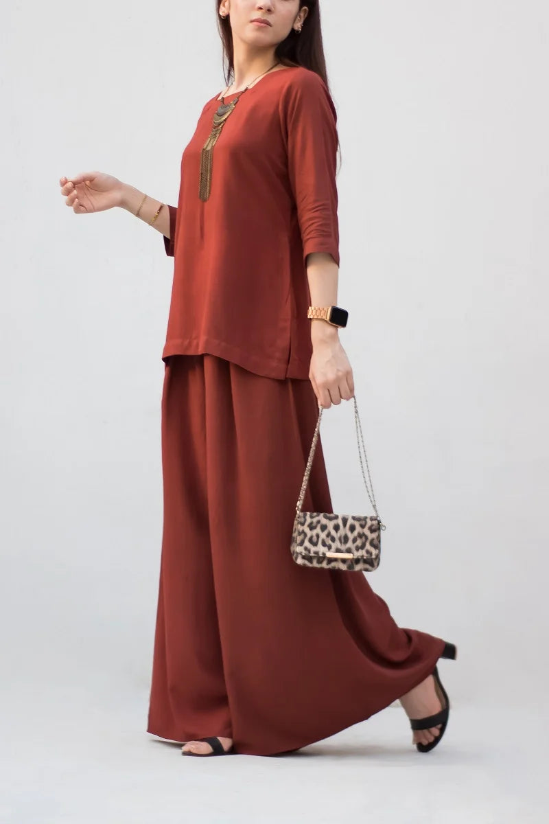 Brown Solid Linen Dress - 2 Piece