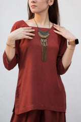 Brown Solid Linen Dress - 2 Piece