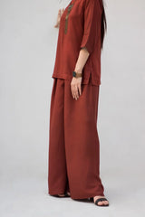 Brown Solid Linen Dress - 2 Piece