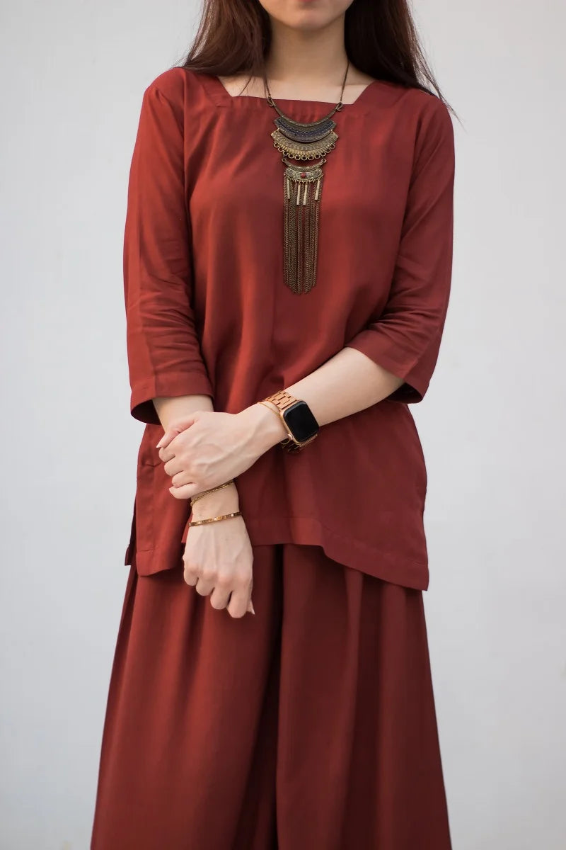 Brown Solid Linen Dress - 2 Piece