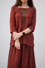Brown Solid Linen Dress - 2 Piece