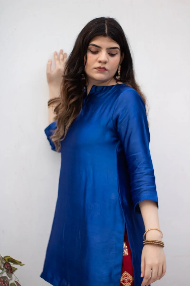 Blue Seesha Silk with red shalwar