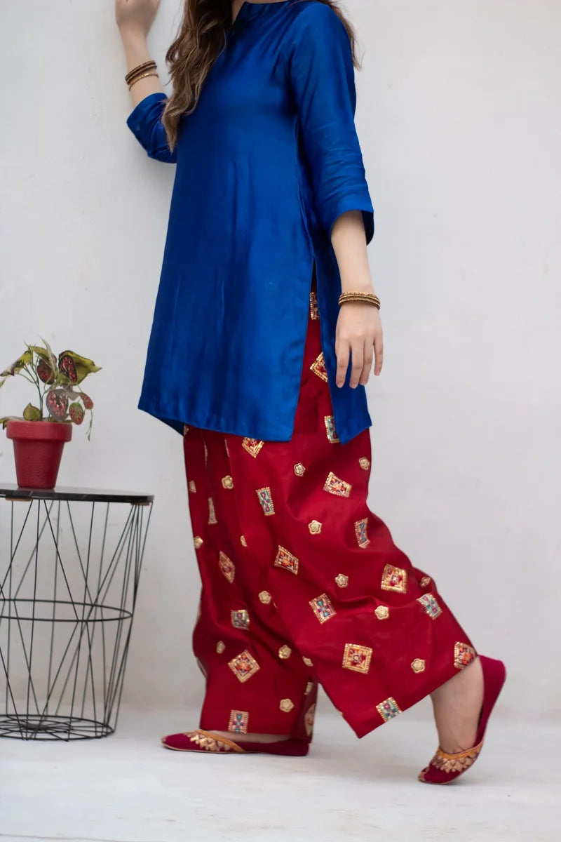 Blue Seesha Silk with red shalwar