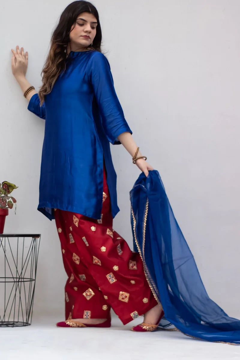 Blue Seesha Silk with red shalwar