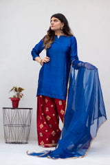Blue Seesha Silk with red shalwar