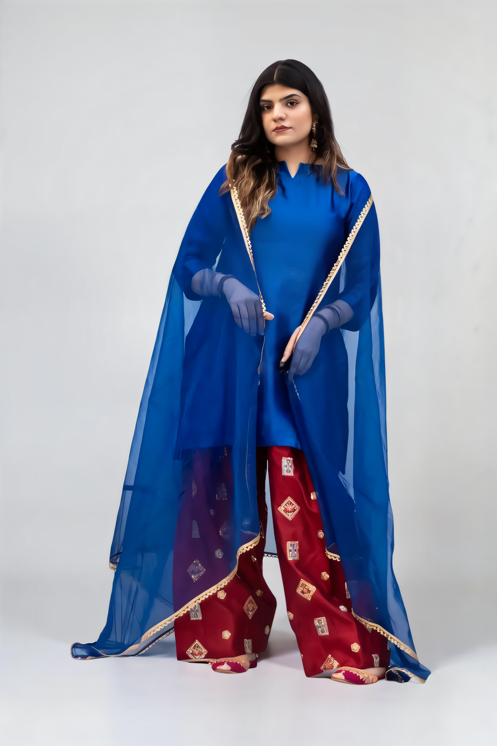 MSP-009-Velora | Blue Seesha Silk with red shalwar