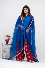Blue Seesha Silk with red shalwar