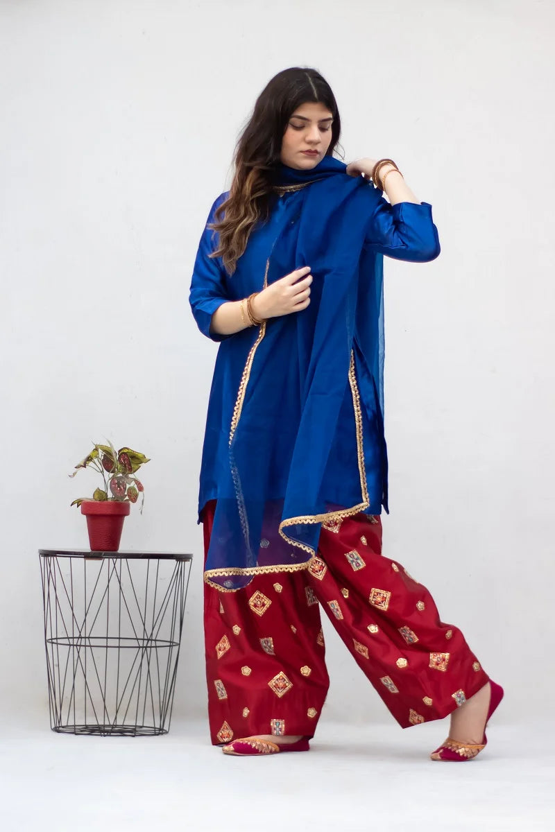 Blue Seesha Silk with red shalwar