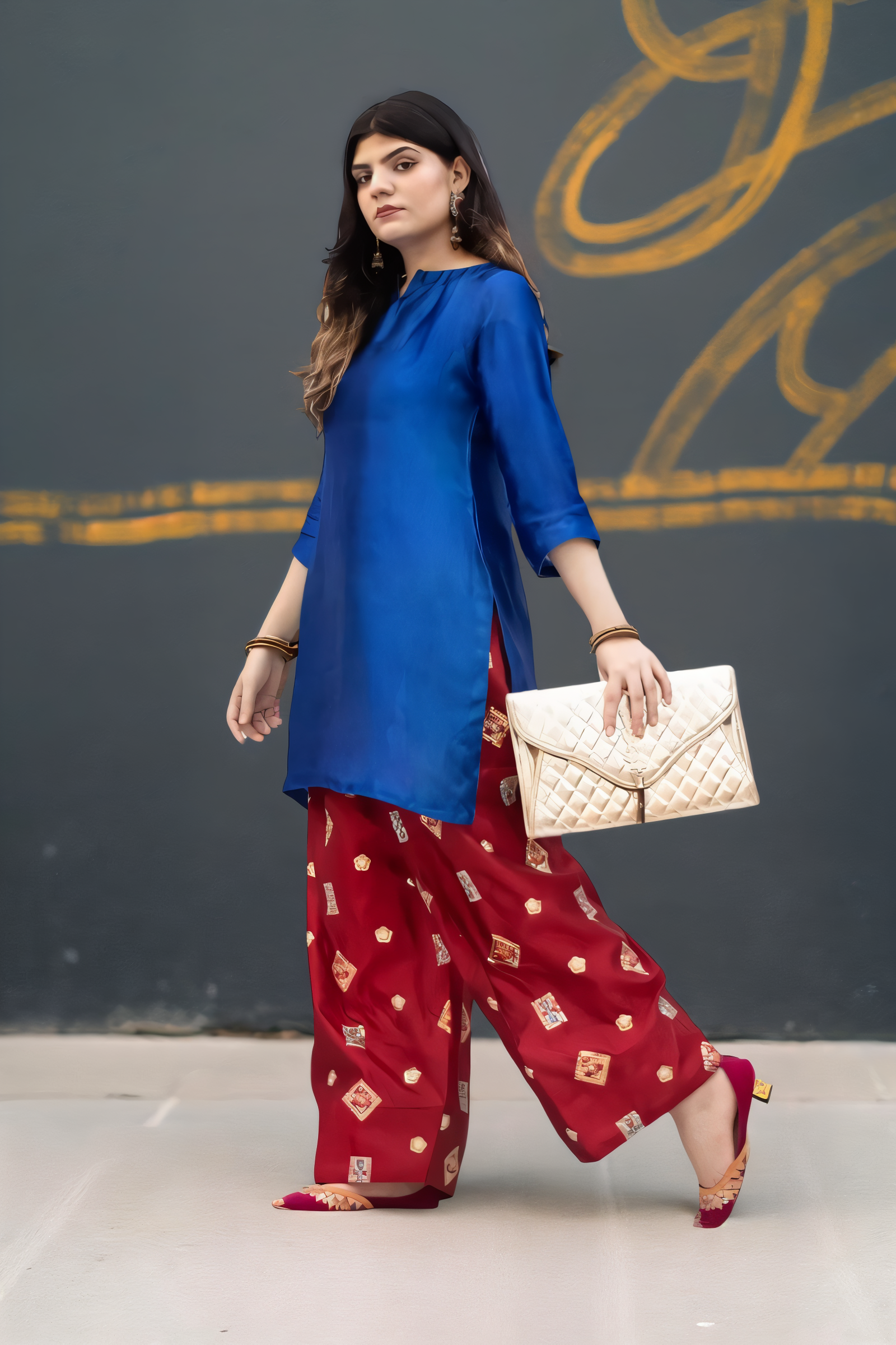 MSP-009-Velora | Blue Seesha Silk with red shalwar
