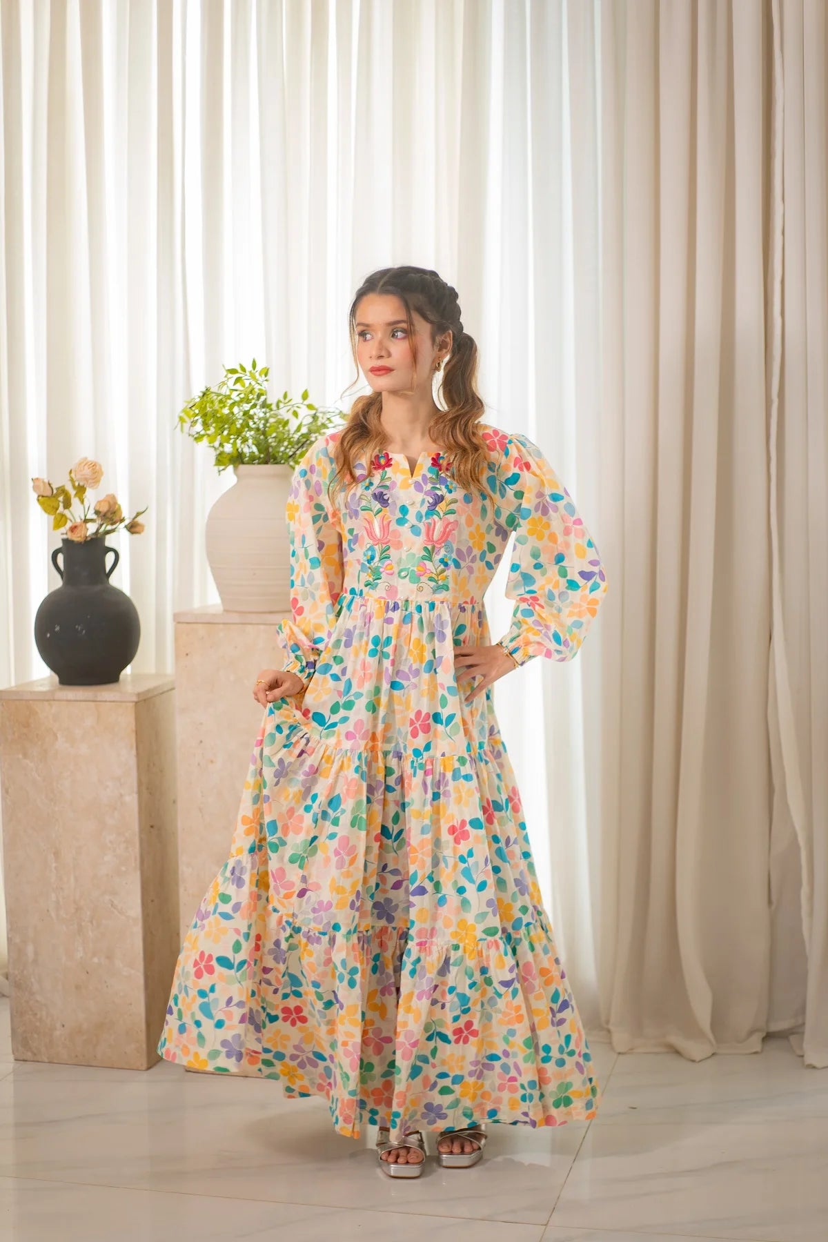 MSP 207 - Yellow Printed Neck Embroidery Frock