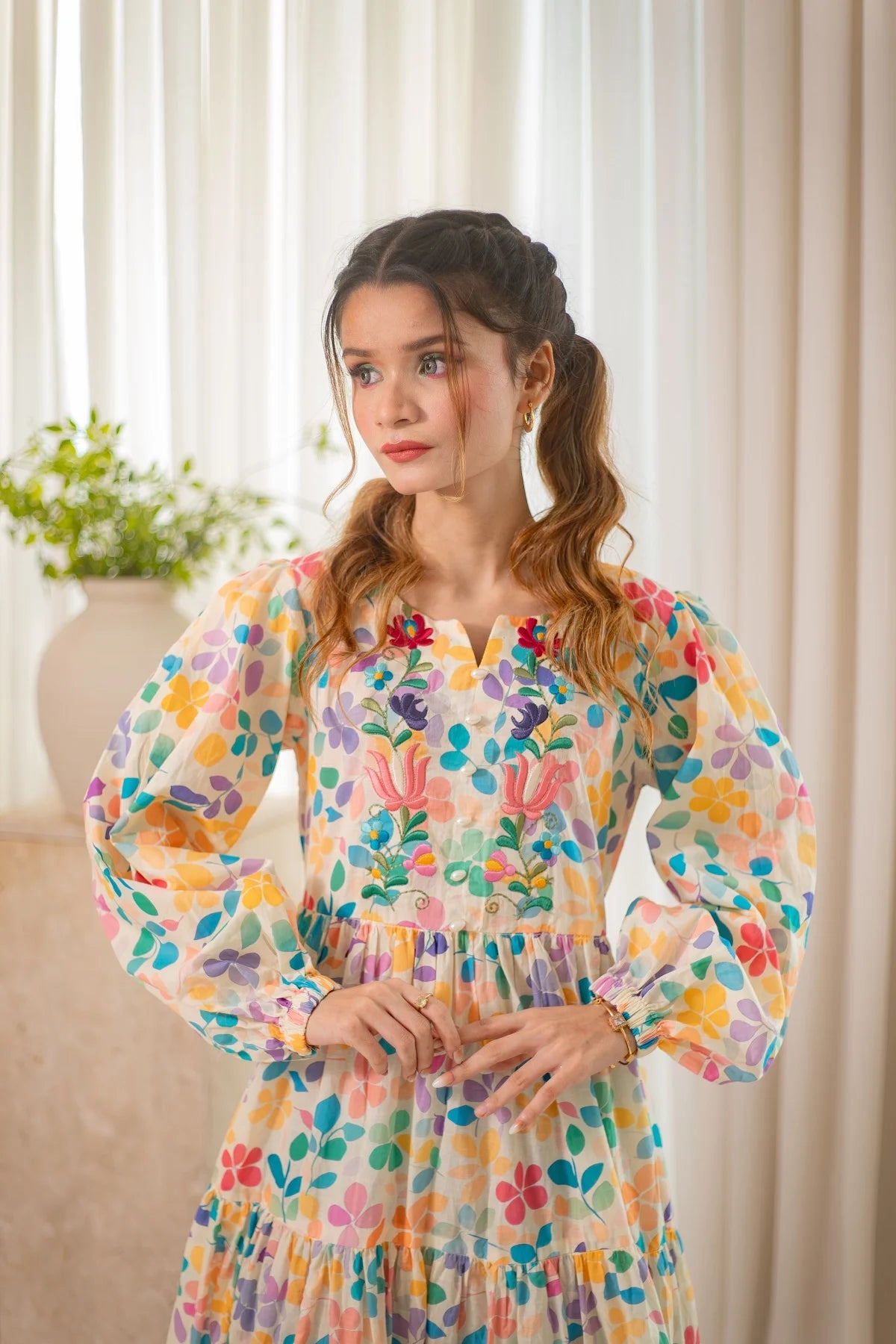 MSP 207 - Yellow Printed Neck Embroidery Frock