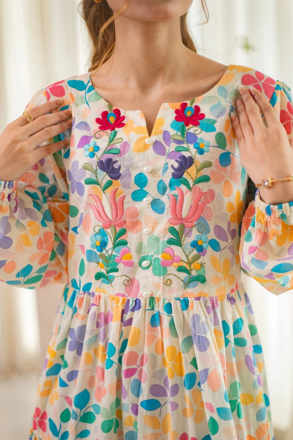 MSP 207 - Yellow Printed Neck Embroidery Frock