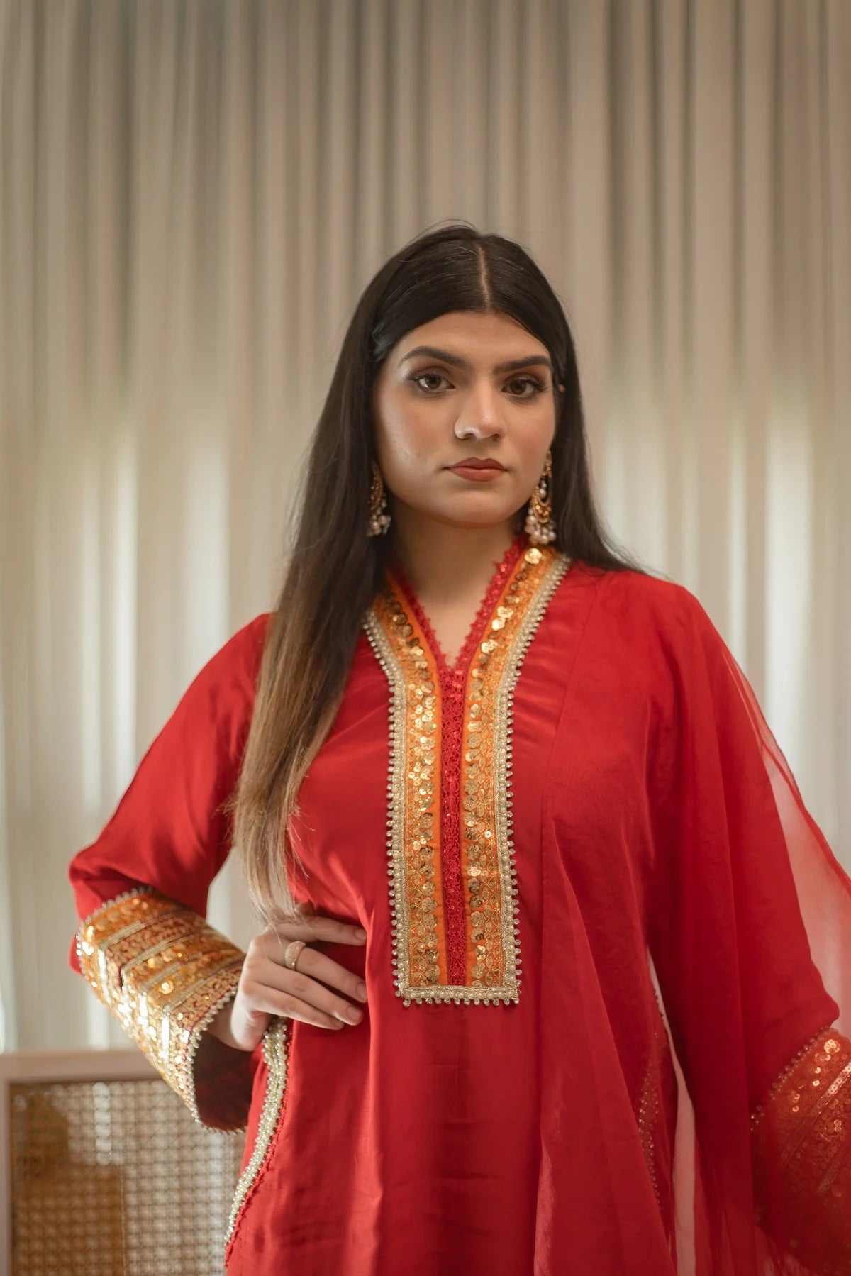 MSP 301 - Red Farshi Silk 3-Piece Outfit